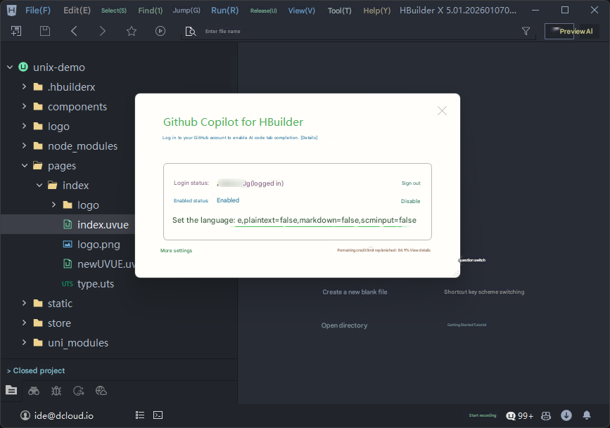Browser window pasting device code for GitHub Copilot authorization