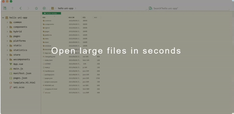 Animated capture of HBuilderX scrolling and editing large files smoothly