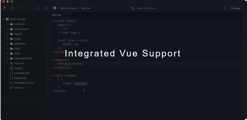 Motion clip of HBuilderX navigating a Vue single-file component